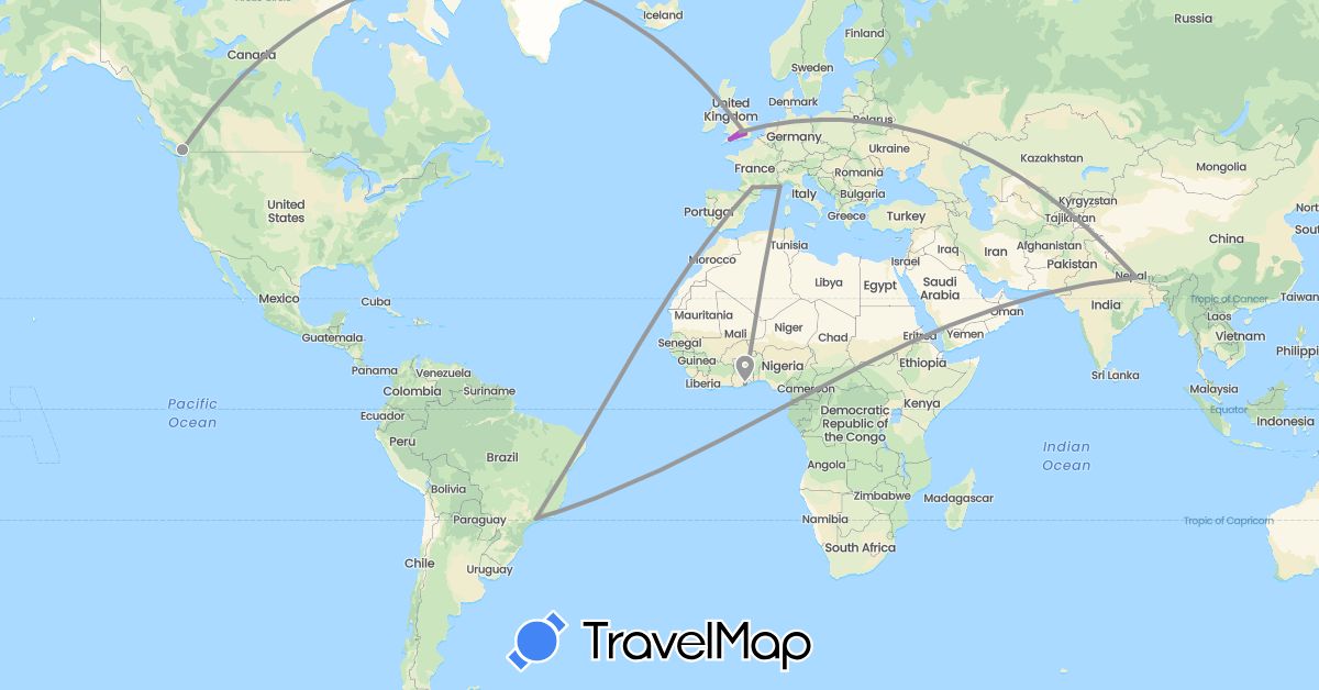 TravelMap itinerary: driving, plane, train in Brazil, Canada, France, United Kingdom, Ghana, Monaco, Nepal (Africa, Asia, Europe, North America, South America)